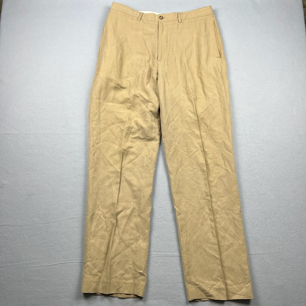 Murano Men 32x32 Tan Silk Linen Blend Straight Leg Dress Pants Luxury Trousers